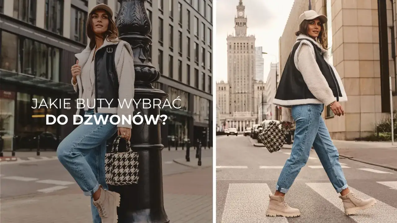 Kobieta w dzwonach i beżowych traperach, idealne buty do dzwonów. Miejski styl.