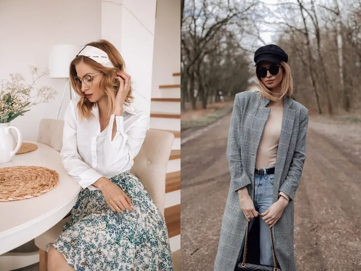 16 stopni jak się ubrać? Dwie propozycje: zwiewna sukienka i koszula lub elegancki płaszcz, jeansy i czapka.