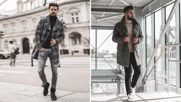 Męskie stylizacje z płaszczem: jakie buty do płaszcza męskiego? Zobacz inspiracje z czarnymi botkami i białymi sneakersami.