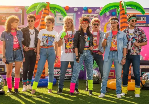 Grupa młodych ludzi w neonowych strojach i fryzurach, styl rockowy lata 80.